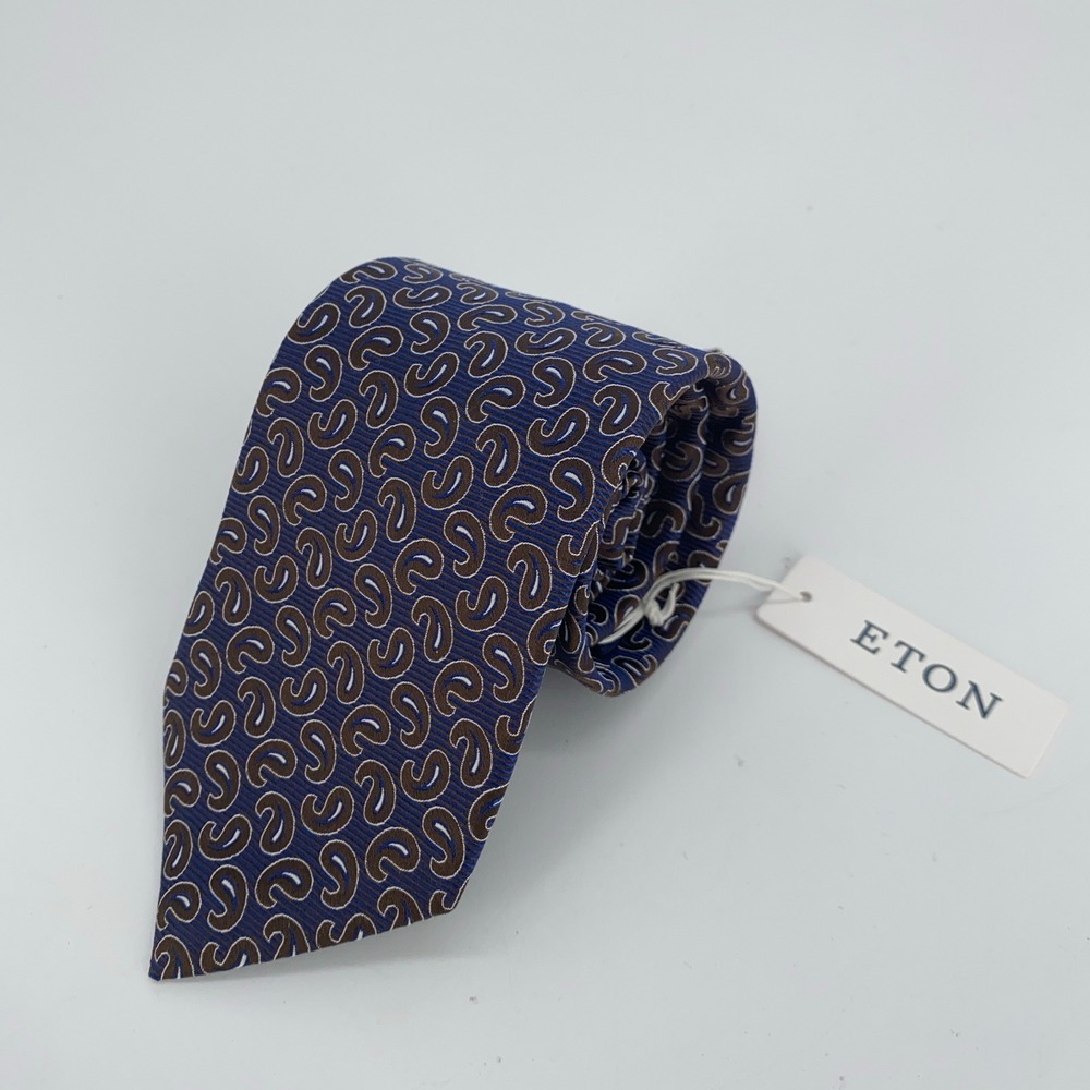 Eton Tie Mens One Size Brown Blue Paisley‎ Silk Luxury Necktie England Made NWT